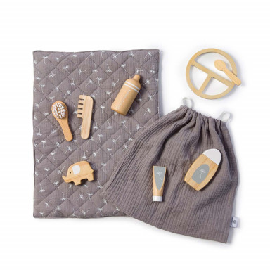 MUSTERKIND® Puppen Pflege& Fütter-Set Viole natur/weiß/grau